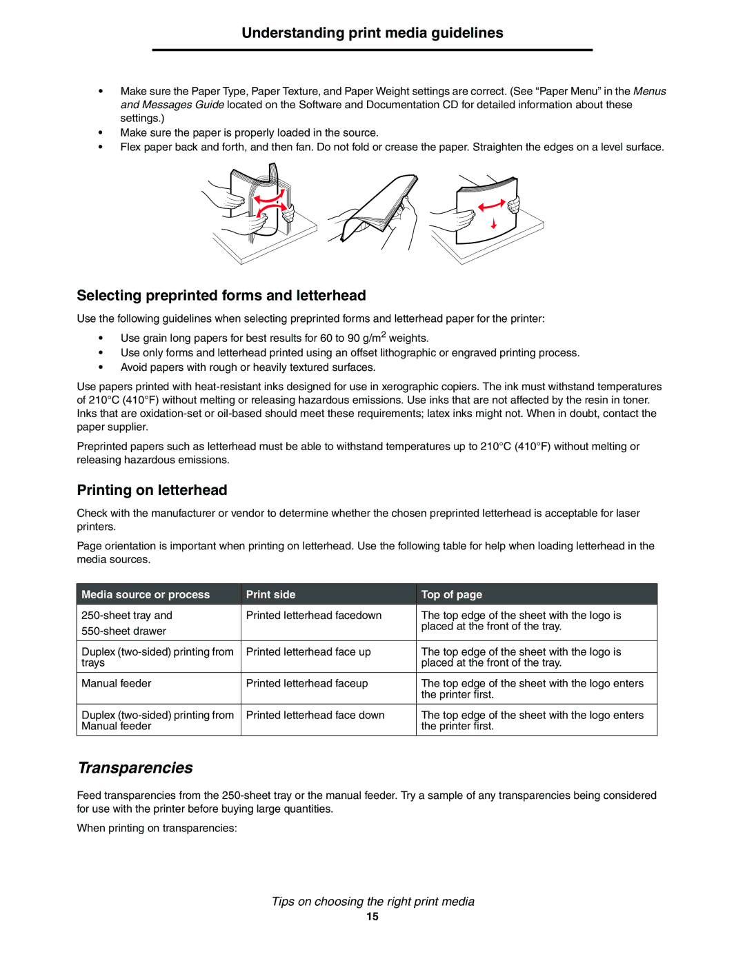 Lexmark 450dn manual Transparencies, Selecting preprinted forms and letterhead, Printing on letterhead 