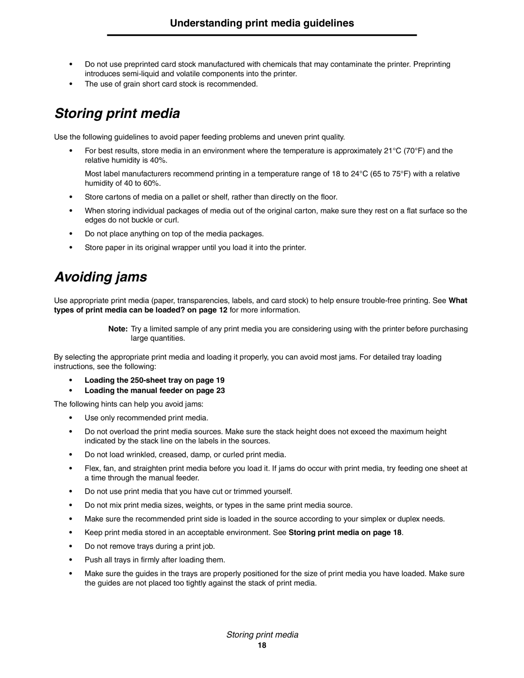 Lexmark 450dn Storing print media, Avoiding jams, Loading the 250-sheet tray on Loading the manual feeder on 