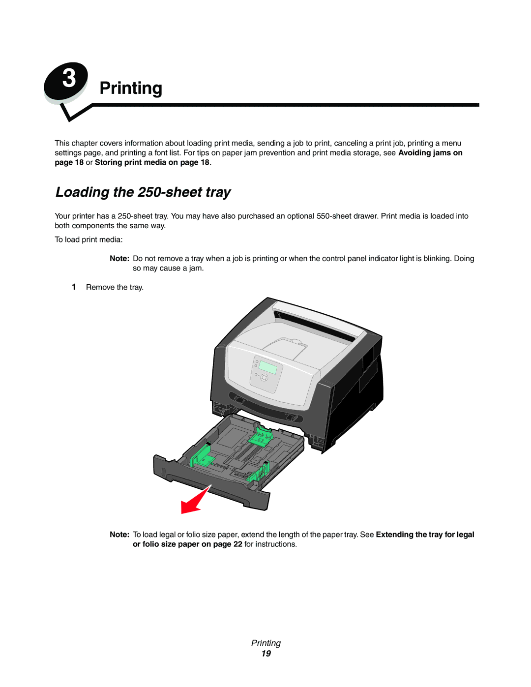 Lexmark 450dn manual Printing, Loading the 250-sheet tray 