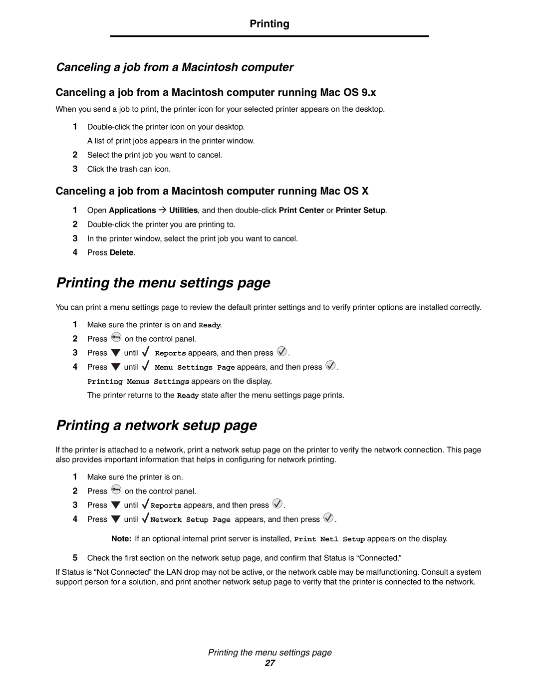 Lexmark 450dn manual Printing the menu settings, Printing a network setup, Canceling a job from a Macintosh computer 