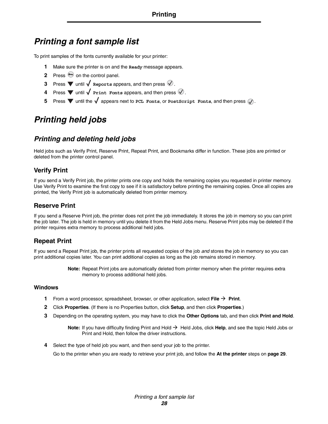 Lexmark 450dn manual Printing a font sample list, Printing held jobs, Printing and deleting held jobs 