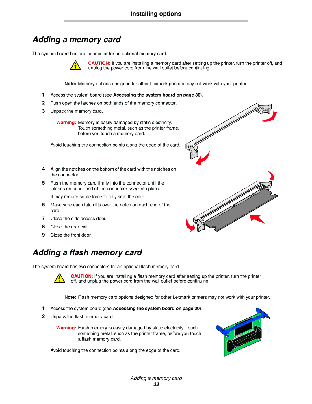 Lexmark 450dn Adding a memory card, Adding a flash memory card, Access the system board see Accessing the system board on 