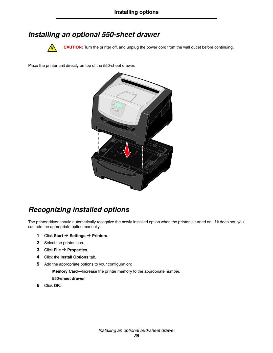 Lexmark 450dn Installing an optional 550-sheet drawer, Recognizing installed options, Click Start Æ Settings Æ Printers 