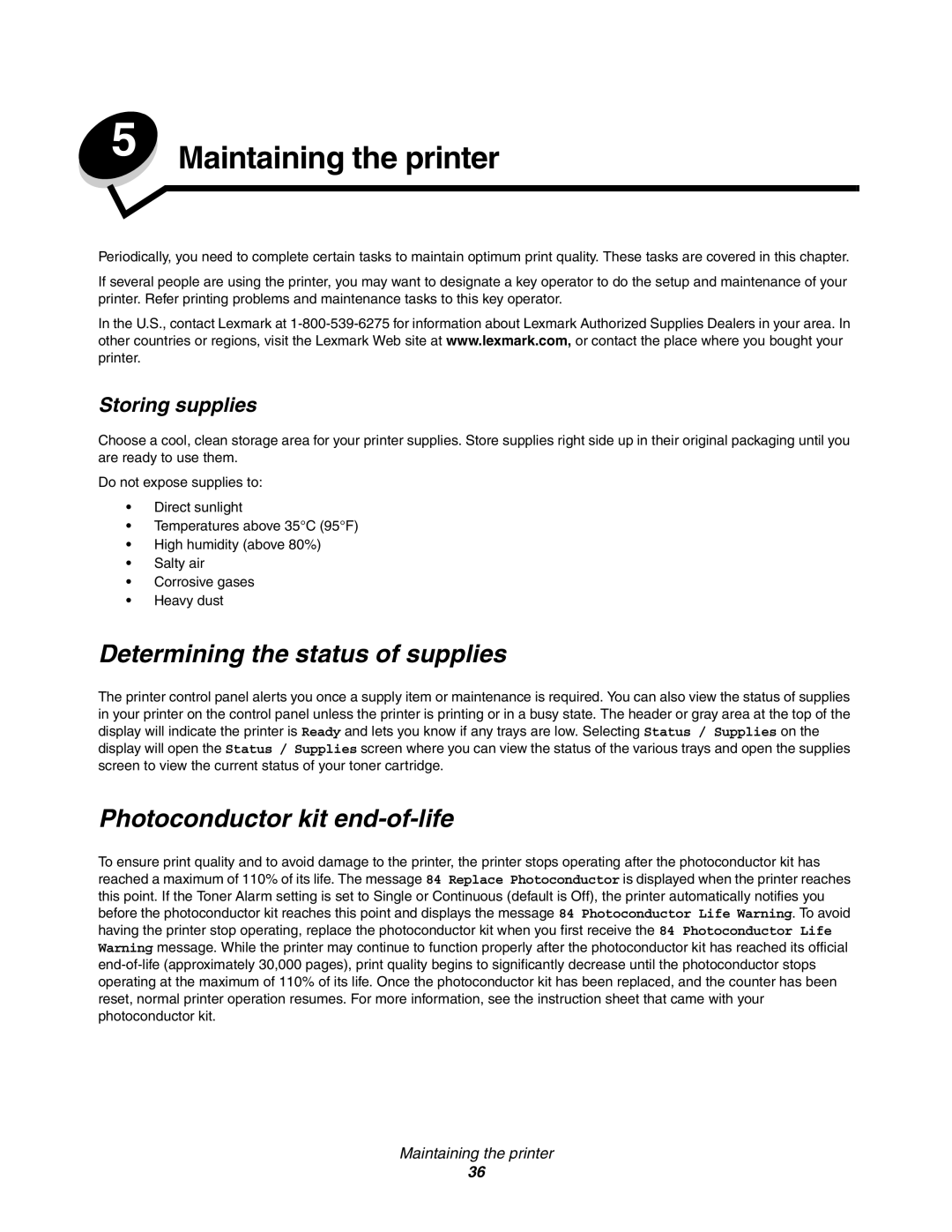 Lexmark 450dn manual Maintaining the printer, Determining the status of supplies, Photoconductor kit end-of-life 