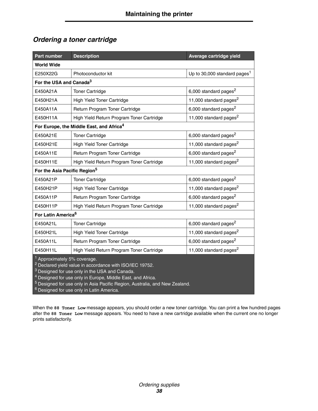 Lexmark 450dn manual Ordering a toner cartridge, Part number Description Average cartridge yield 