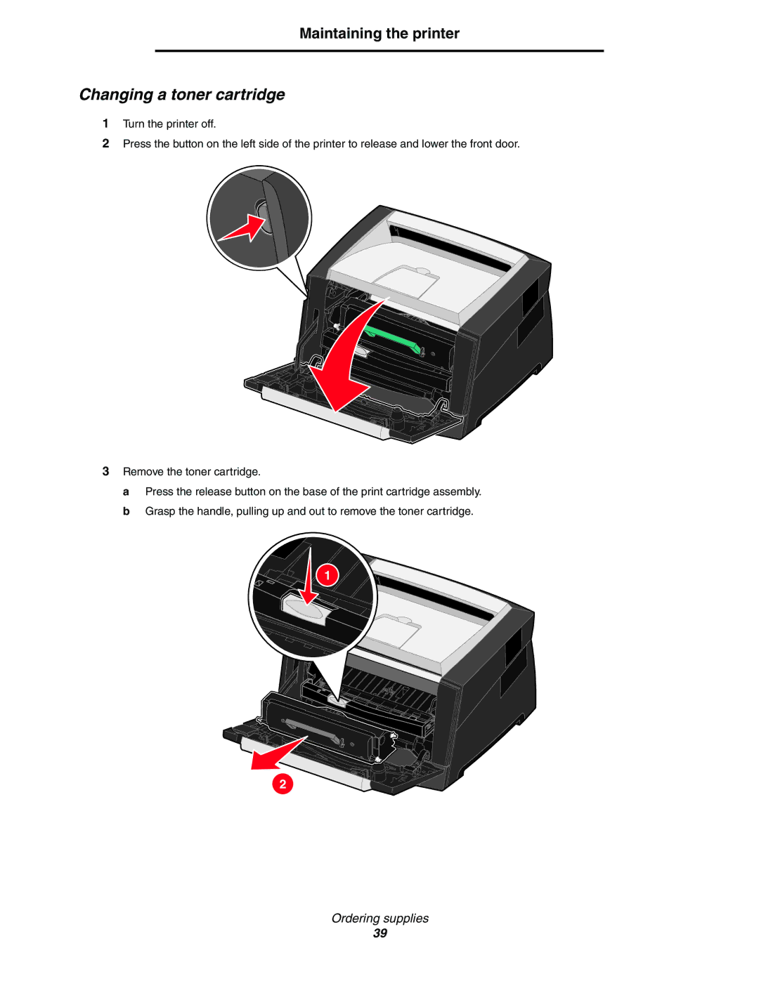 Lexmark 450dn manual Changing a toner cartridge 