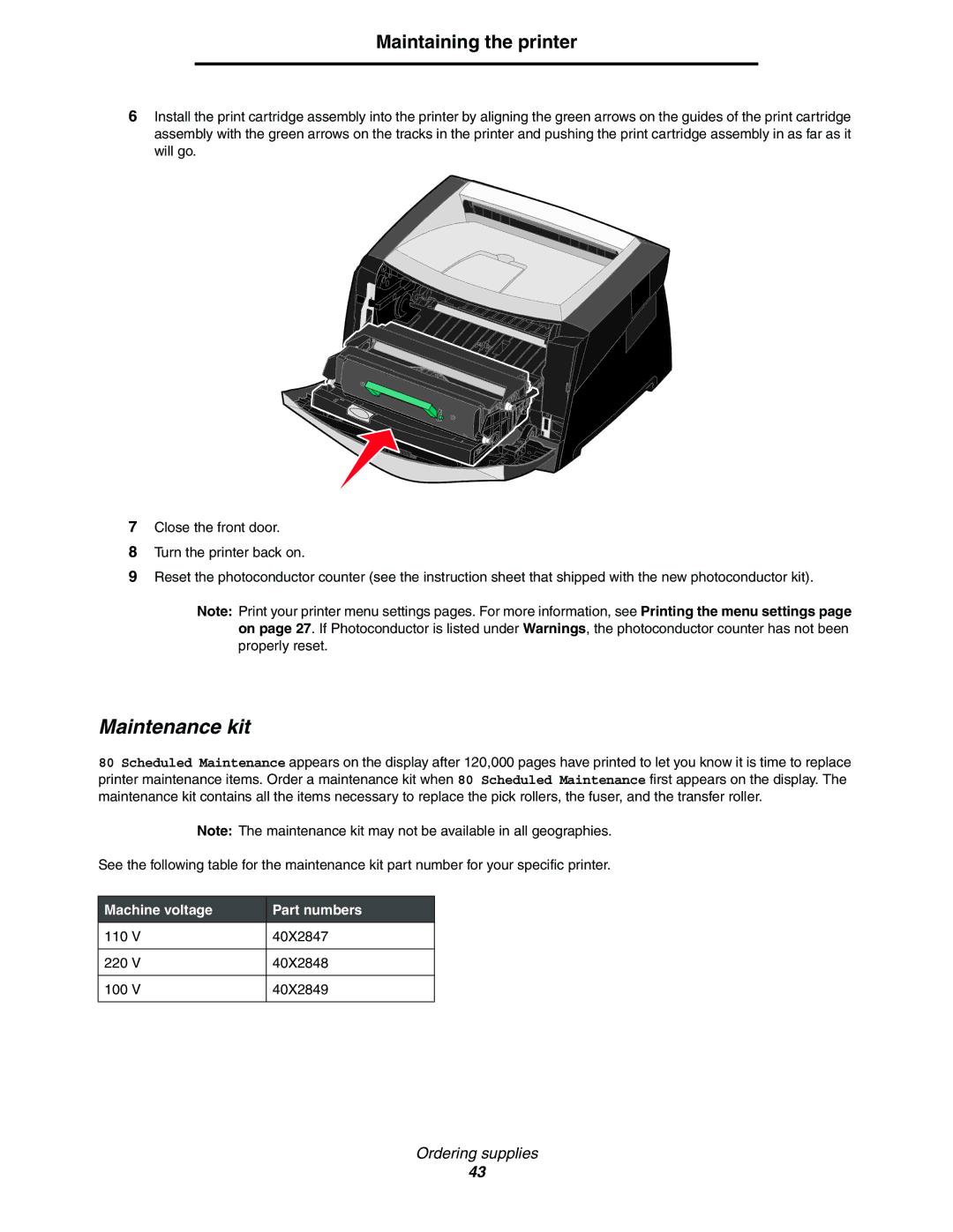 Lexmark 450dn manual Maintenance kit, Machine voltage Part numbers 