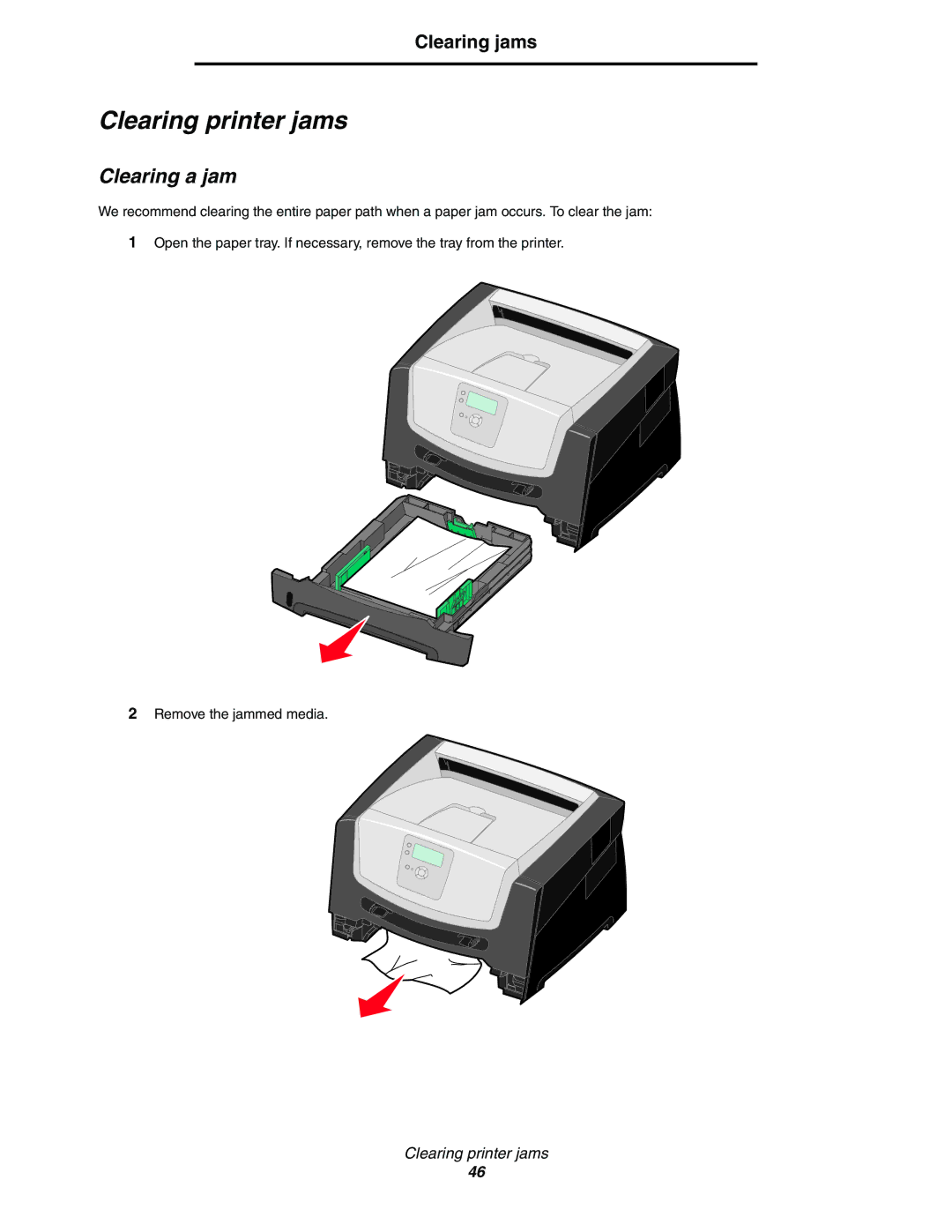 Lexmark 450dn manual Clearing printer jams, Clearing a jam, Clearing jams 