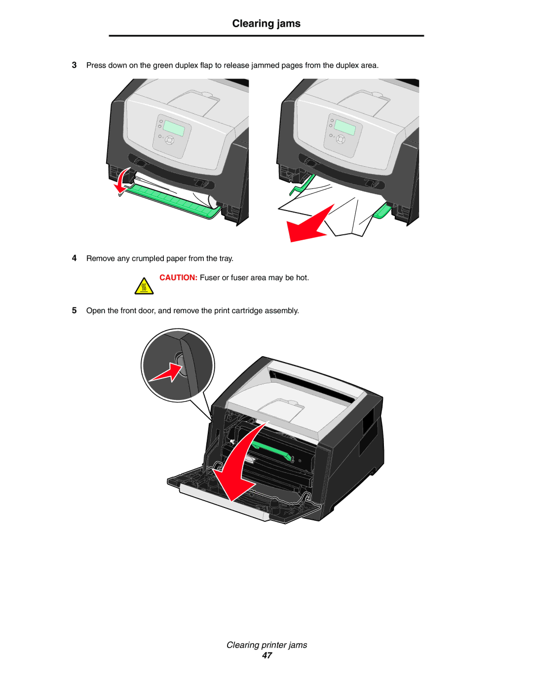 Lexmark 450dn manual Clearing jams 