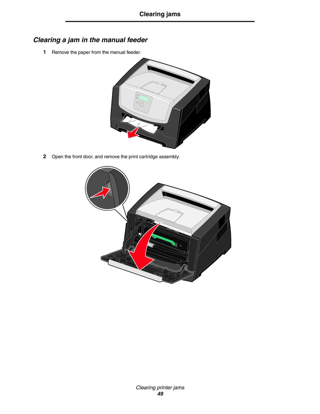 Lexmark 450dn Clearing a jam in the manual feeder 