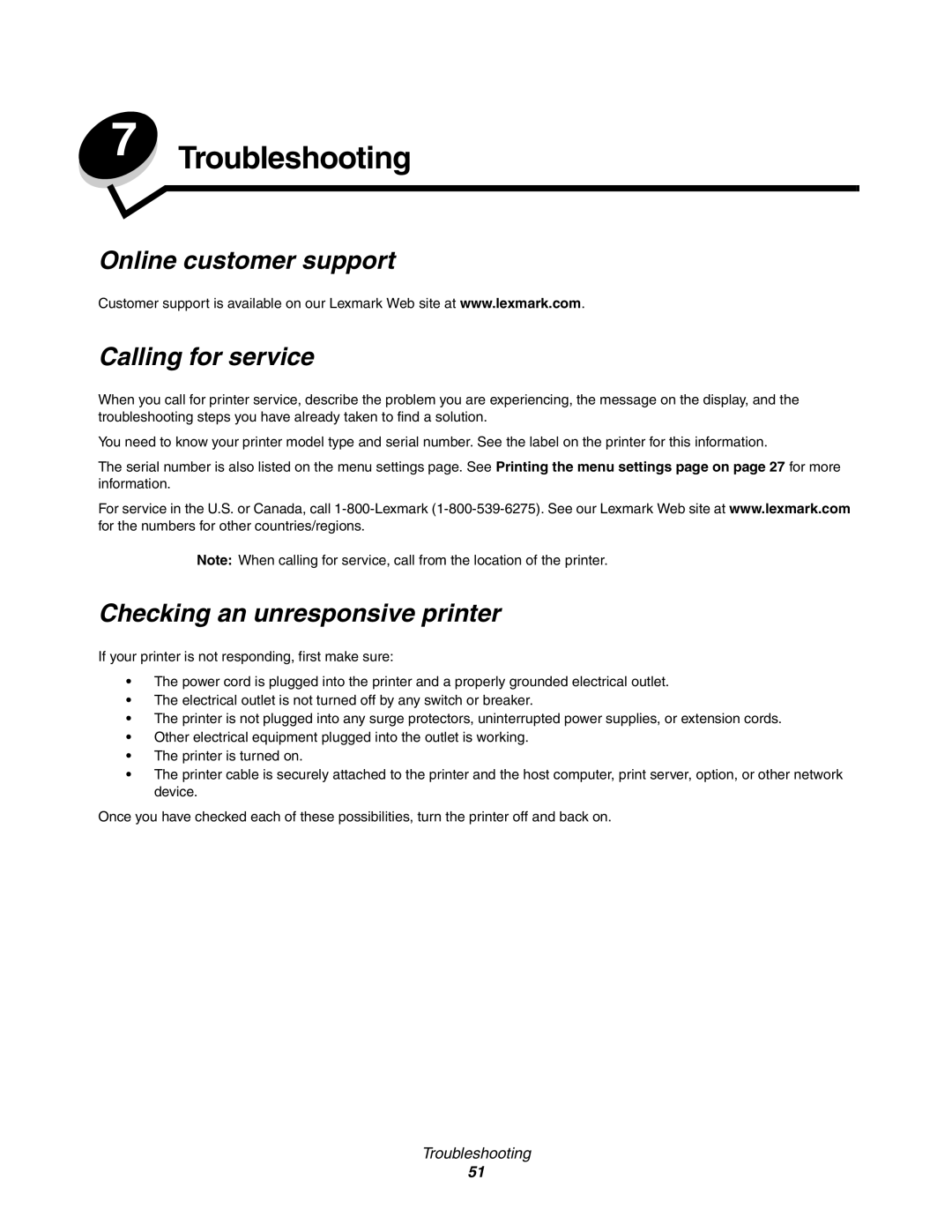 Lexmark 450dn manual Troubleshooting, Online customer support Calling for service, Checking an unresponsive printer 