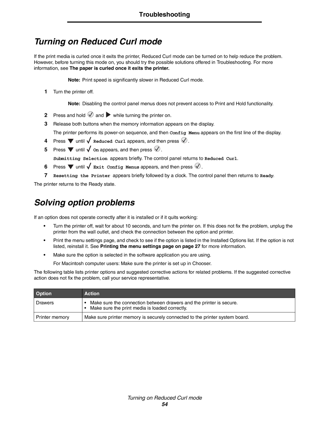 Lexmark 450dn manual Turning on Reduced Curl mode, Solving option problems, Option Action 