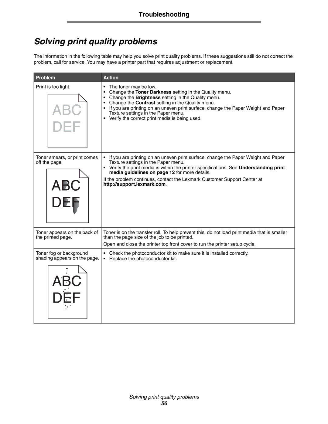 Lexmark 450dn manual Solving print quality problems, Problem Action, Media guidelines on page 12 for more details 