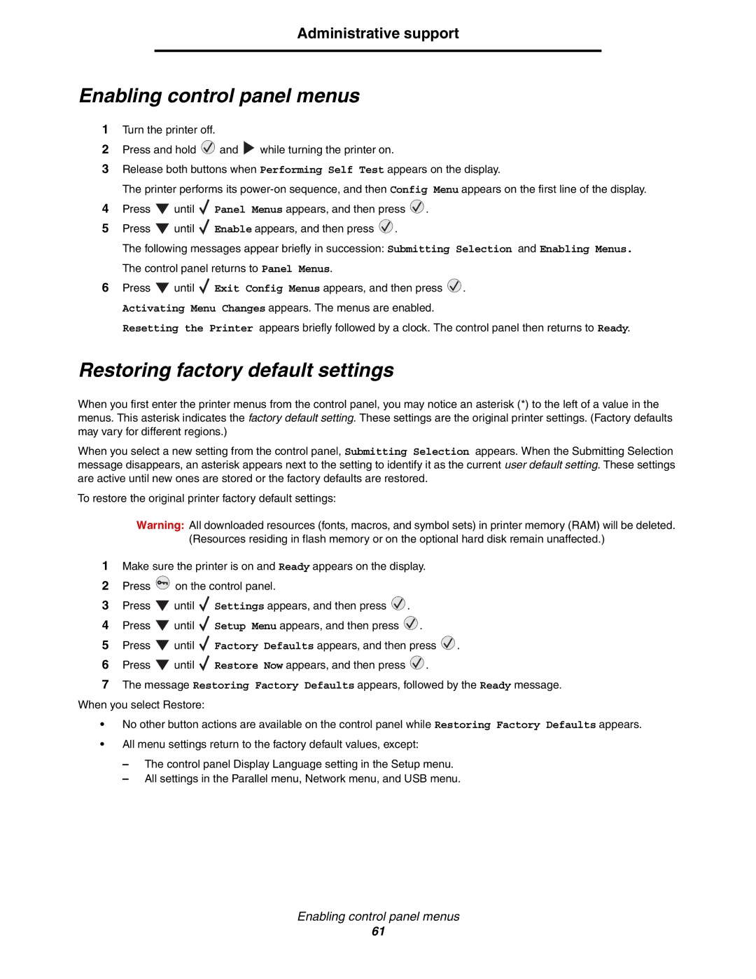 Lexmark 450dn manual Enabling control panel menus, Restoring factory default settings, Administrative support 