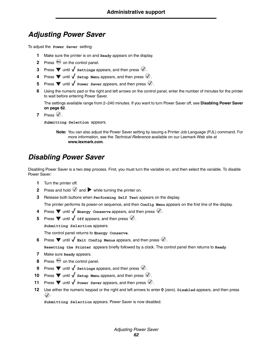 Lexmark 450dn manual Adjusting Power Saver, Disabling Power Saver 