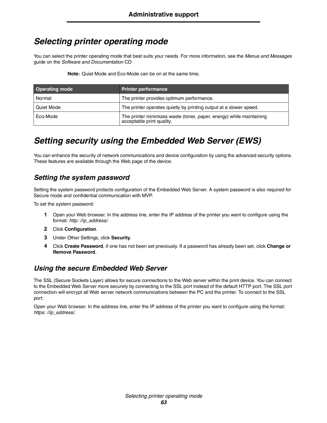 Lexmark 450dn manual Selecting printer operating mode, Setting security using the Embedded Web Server EWS 