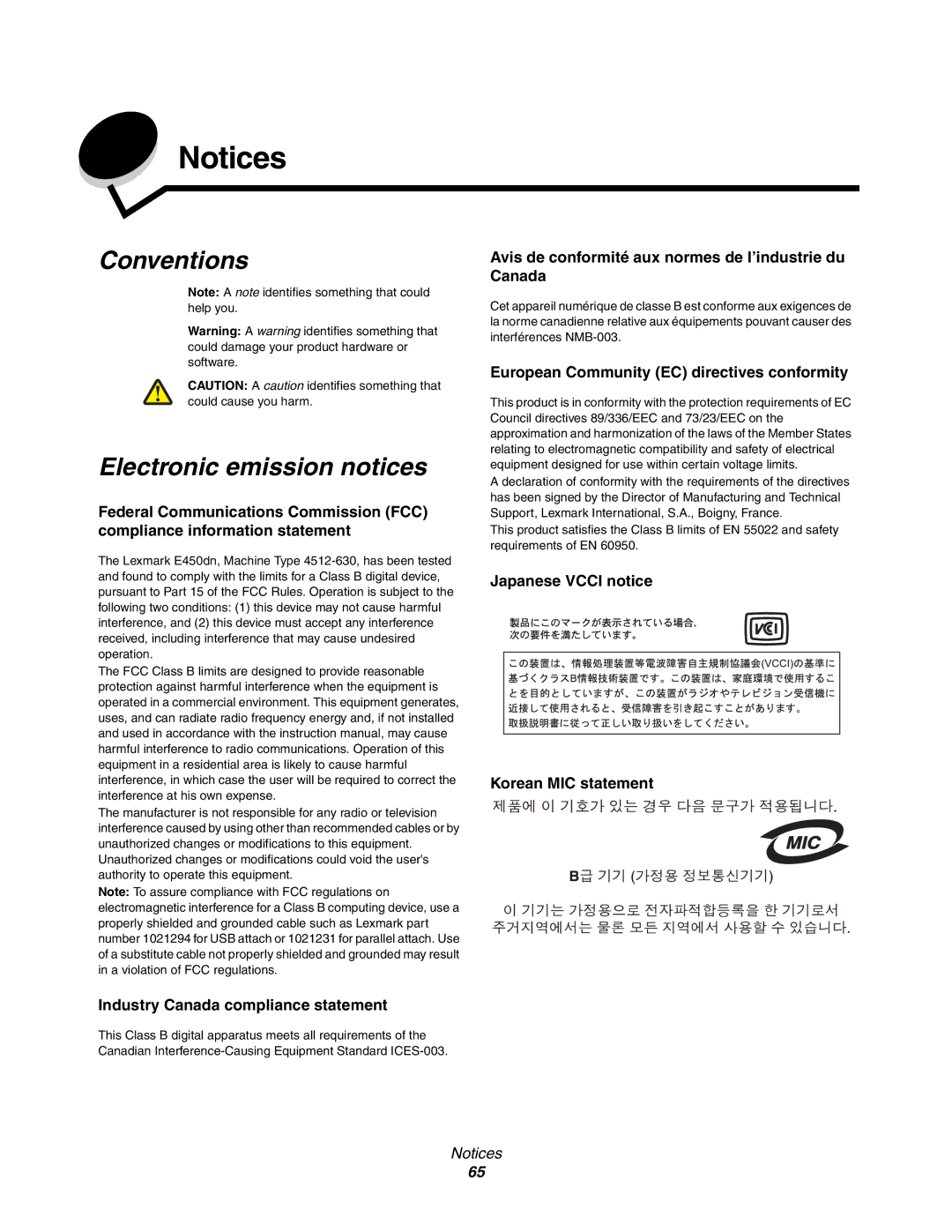 Lexmark 450dn manual Conventions Electronic emission notices, Industry Canada compliance statement 