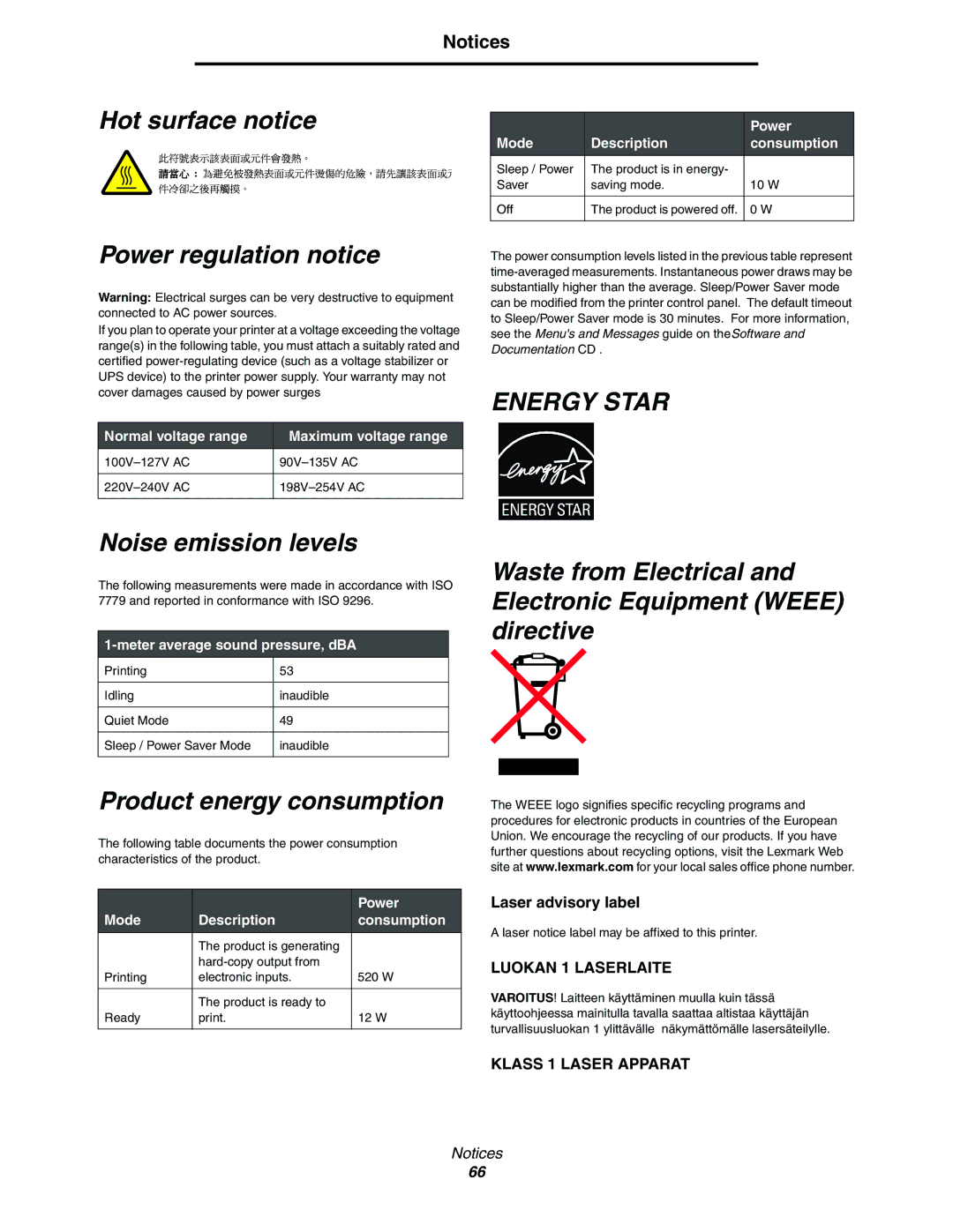 Lexmark 450dn manual Hot surface notice, Power regulation notice, Noise emission levels Waste from Electrical, Directive 