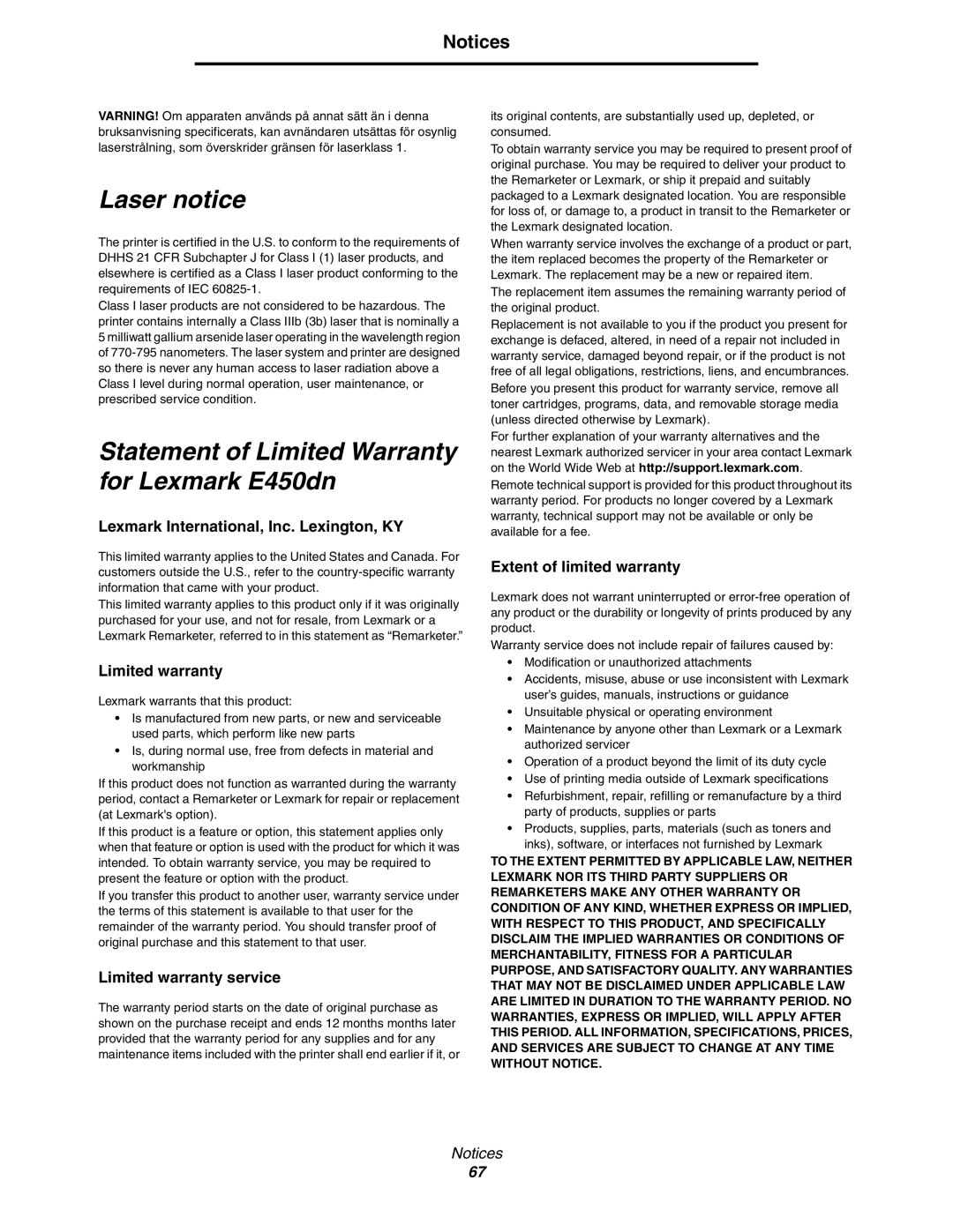 Lexmark manual Laser notice, Statement of Limited Warranty for Lexmark E450dn 