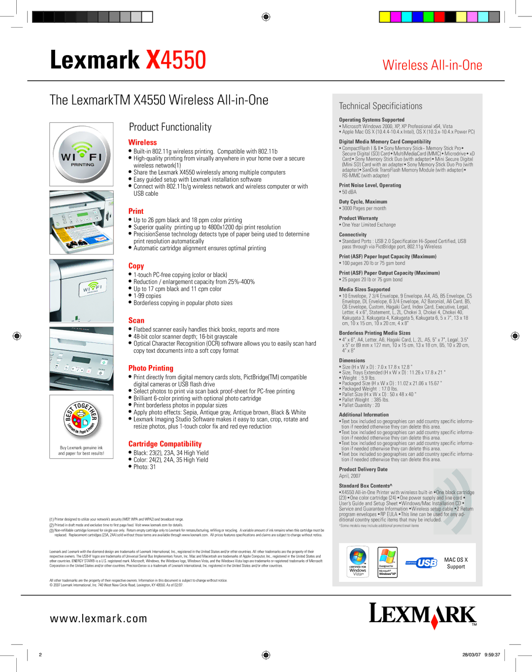 Lexmark 4550 warranty Wireless, Copy, Scan, Photo Printing, Cartridge Compatibility 