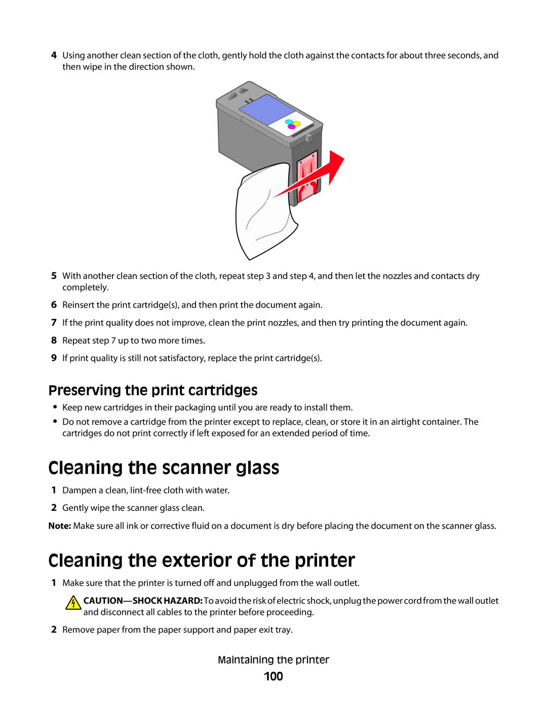 Lexmark 4600, 3600 manual Cleaning the scanner glass, Cleaning the exterior of the printer, Preserving the print cartridges 