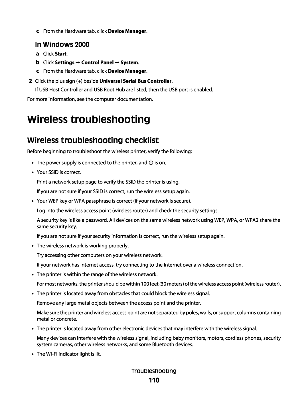 Lexmark 4600, 3600 manual Wireless troubleshooting checklist, In Windows, b Click Settings  Control Panel  System 