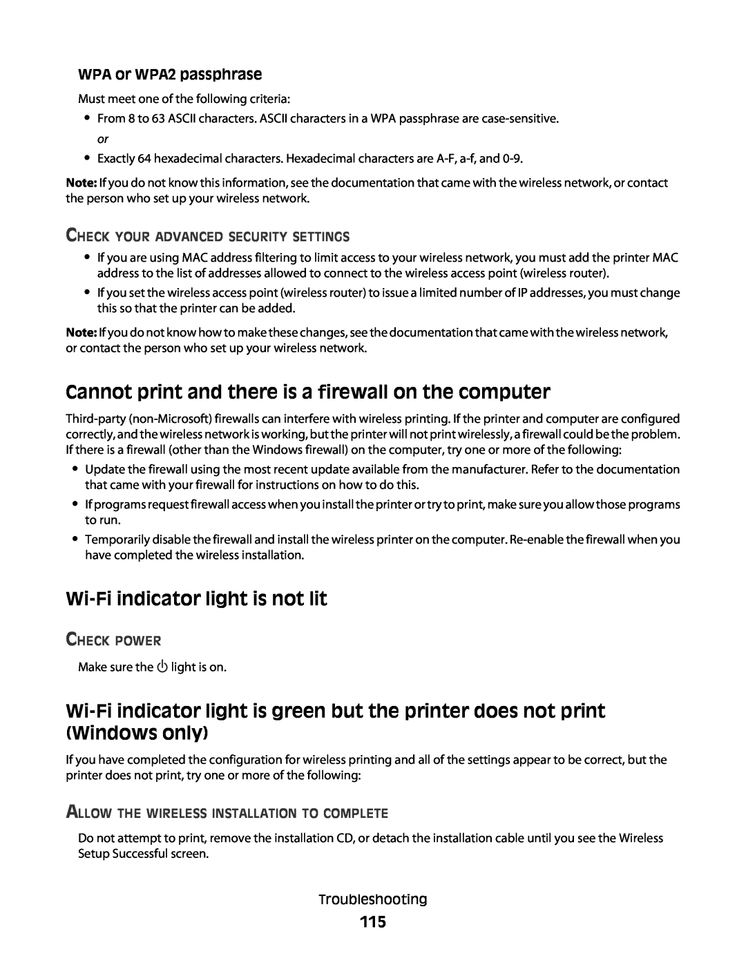 Lexmark 3600, 4600 Cannot print and there is a firewall on the computer, Wi-Fi indicator light is not lit, Check Power 