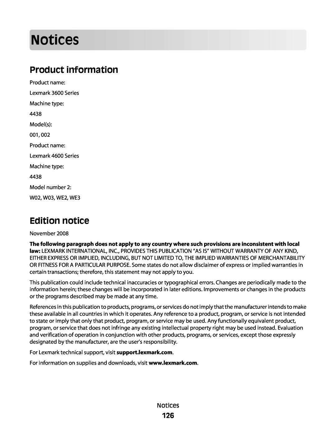 Lexmark 4600, 3600 manual Notices, Product information, Edition notice 