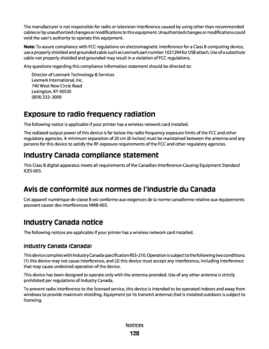 Lexmark 4600, 3600 Exposure to radio frequency radiation, Industry Canada compliance statement, Industry Canada notice 