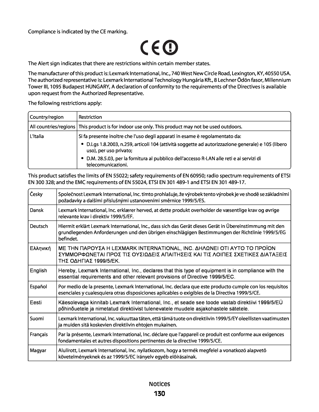 Lexmark 4600, 3600 manual Compliance is indicated by the CE marking, The following restrictions apply, Notices 