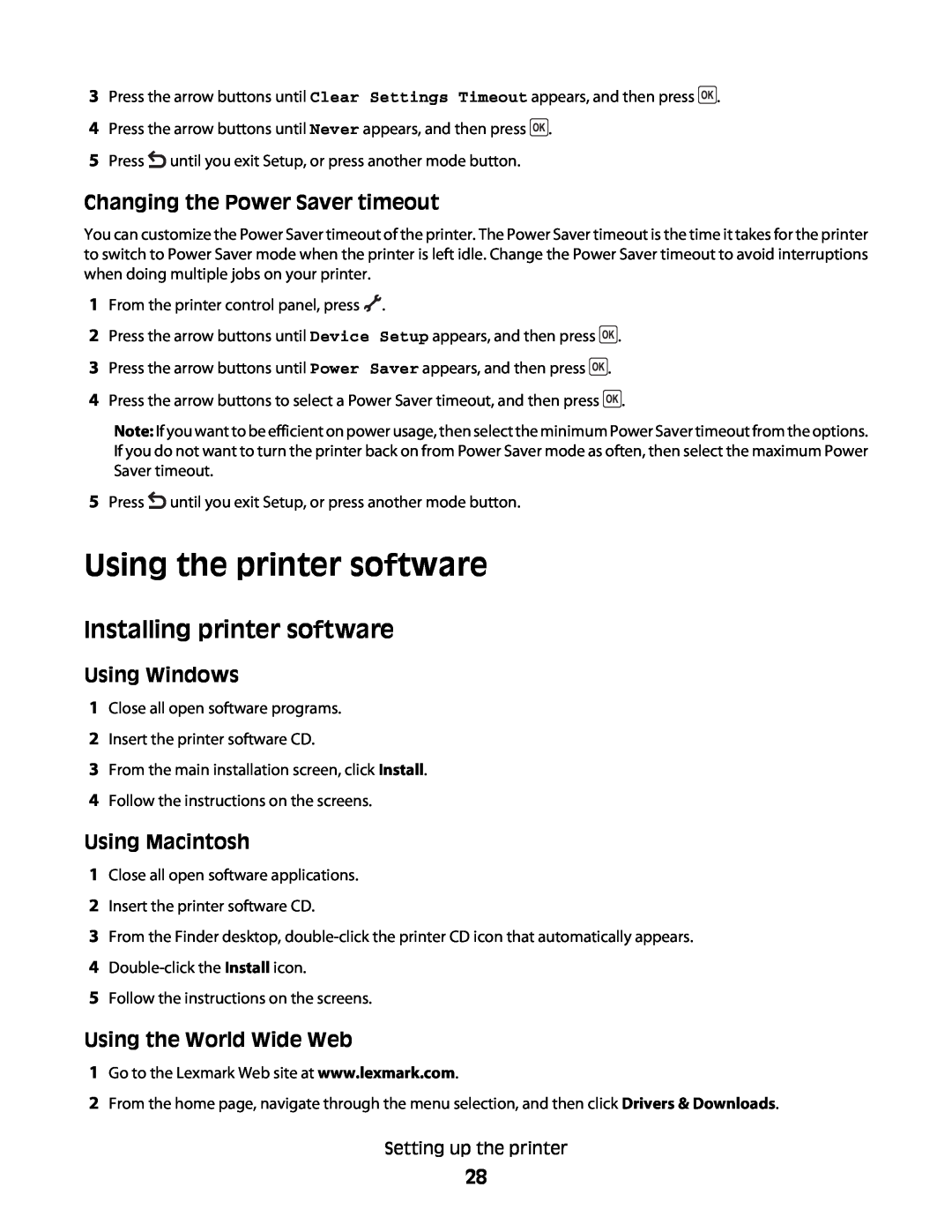 Lexmark 4600 Using the printer software, Installing printer software, Changing the Power Saver timeout, Using Windows 
