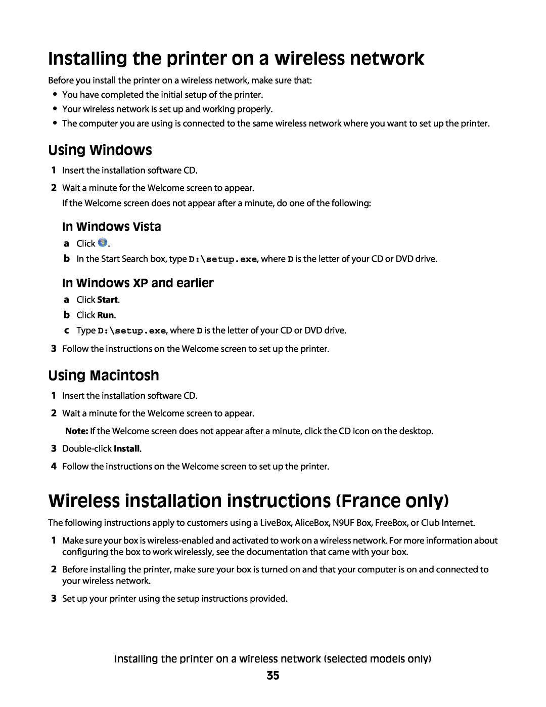 Lexmark 3600 Installing the printer on a wireless network, Wireless installation instructions France only, Using Windows 