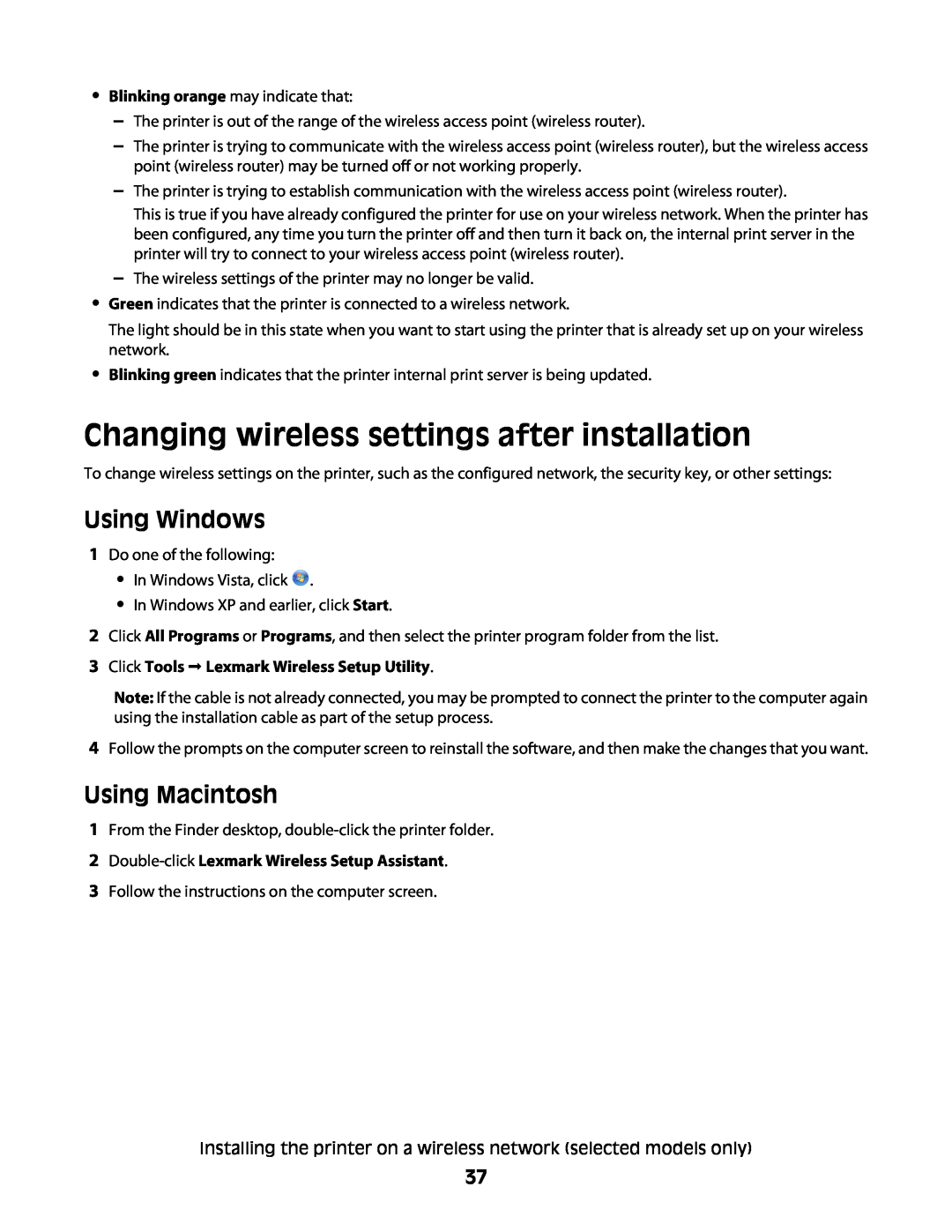 Lexmark 3600, 4600 manual Changing wireless settings after installation, Using Windows, Using Macintosh 