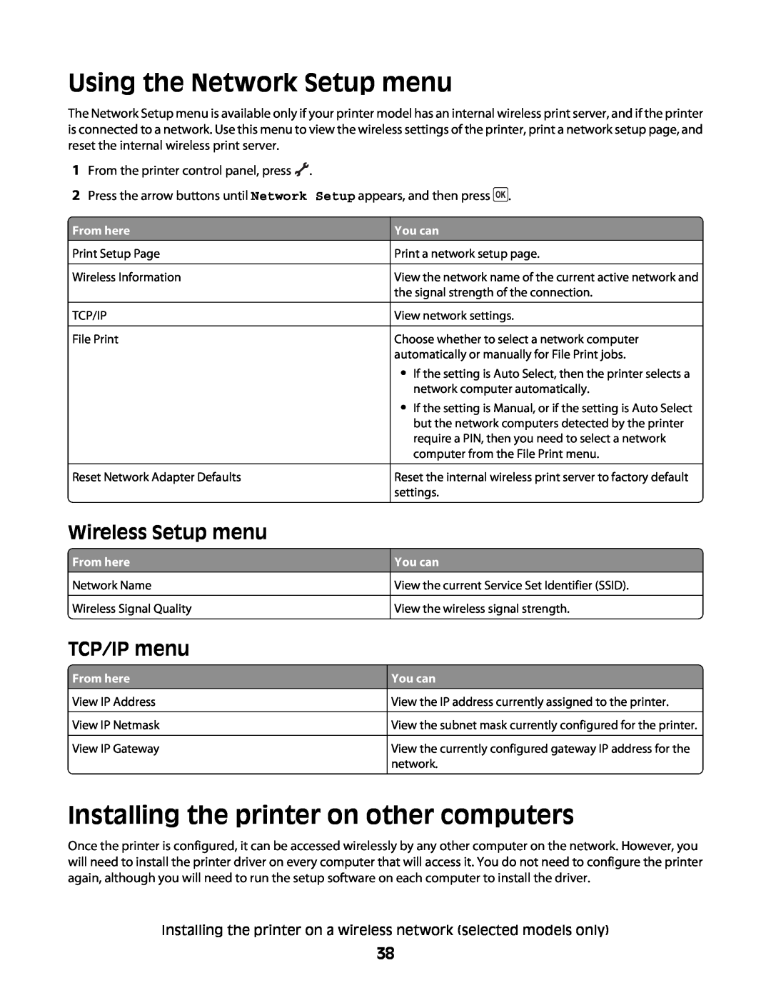 Lexmark 4600 Using the Network Setup menu, Installing the printer on other computers, Wireless Setup menu, TCP/IP menu 