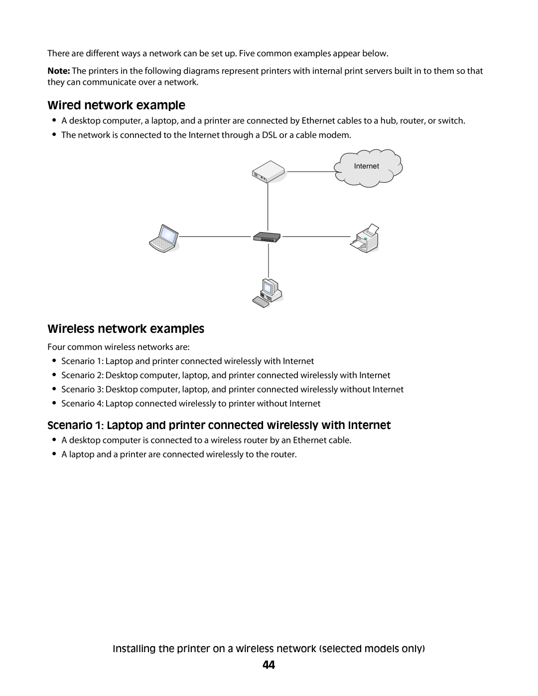 Lexmark 4600, 3600 manual Wired network example, Wireless network examples 