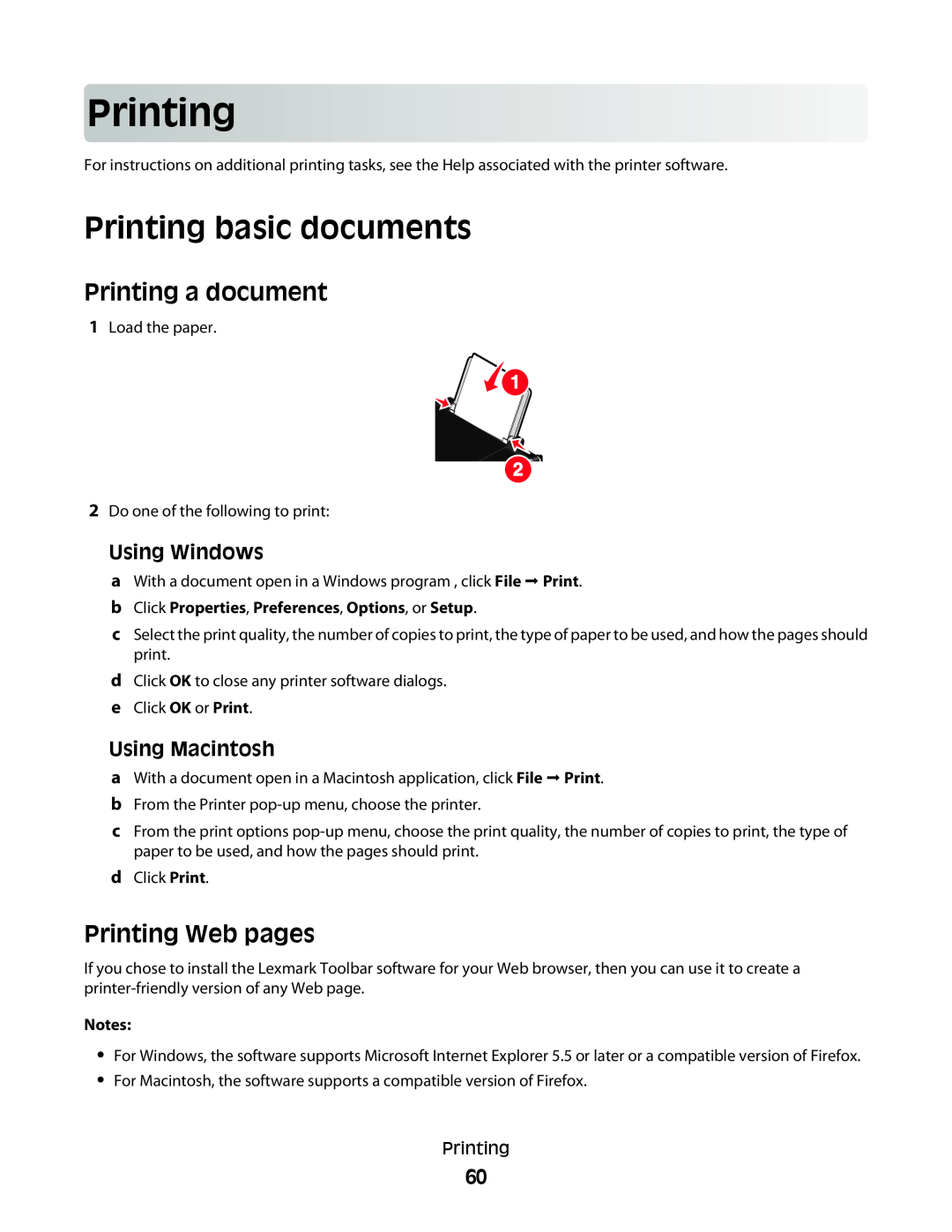 Lexmark 4600 Prin ting, Printing basic documents, Printing a document, Printing Web pages, Using Windows, Using Macintosh 