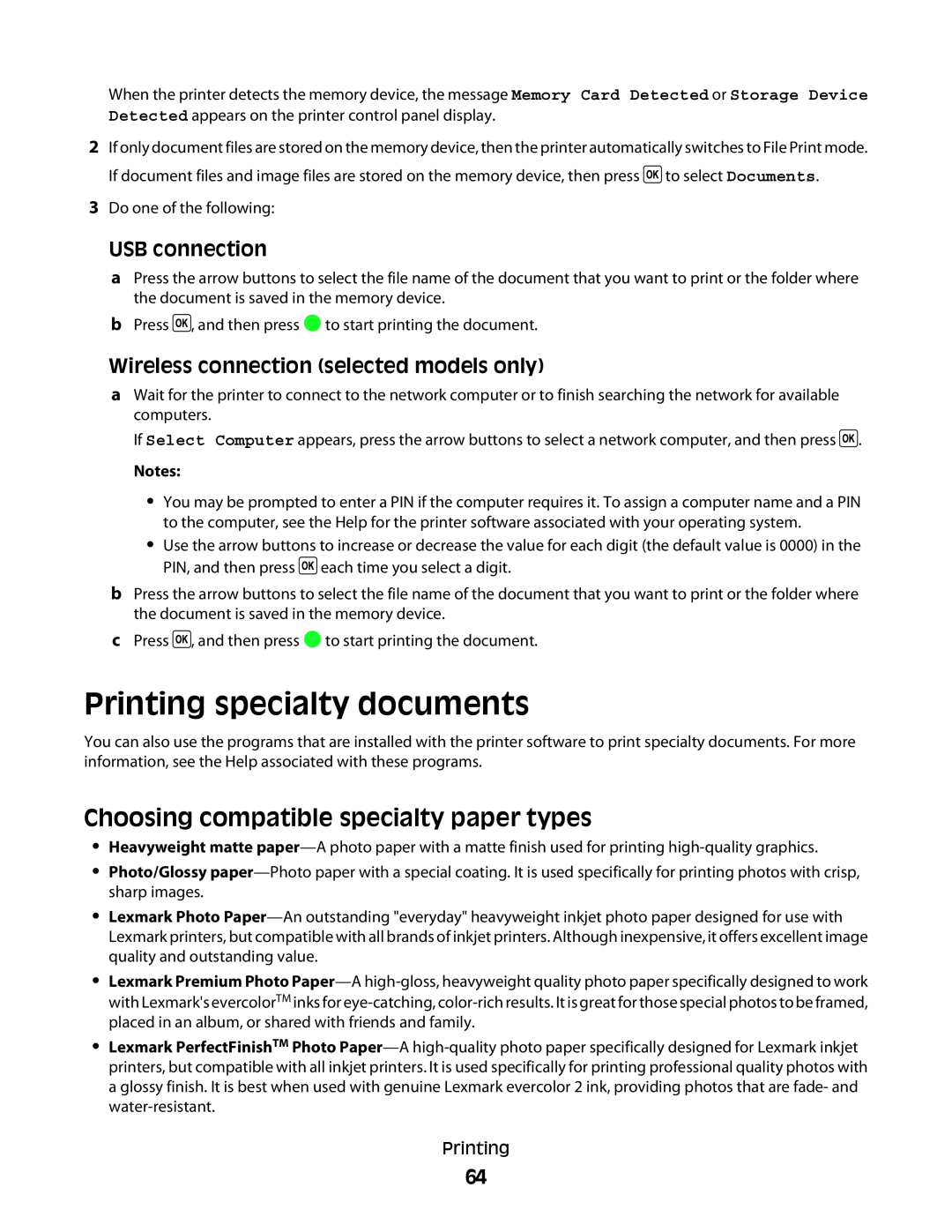 Lexmark 4600, 3600 manual Printing specialty documents, Choosing compatible specialty paper types, USB connection 