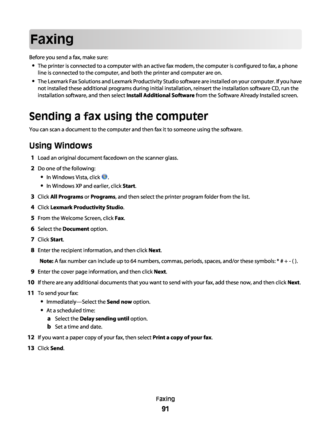 Lexmark 3600, 4600 manual Faxing, Sending a fax using the computer, Using Windows, Click Lexmark Productivity Studio 