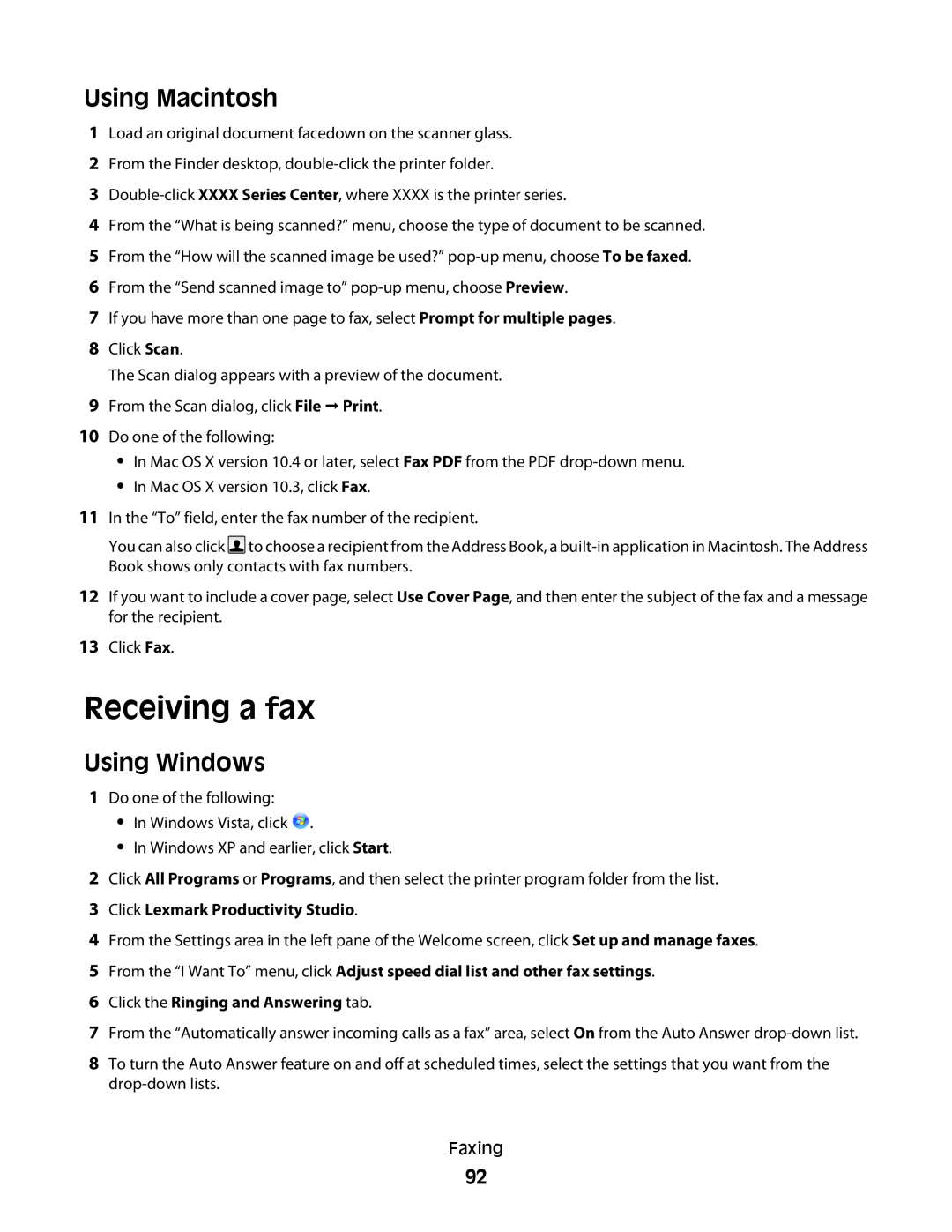 Lexmark 4600, 3600 manual Receiving a fax, Using Macintosh, Using Windows, Click Lexmark Productivity Studio 