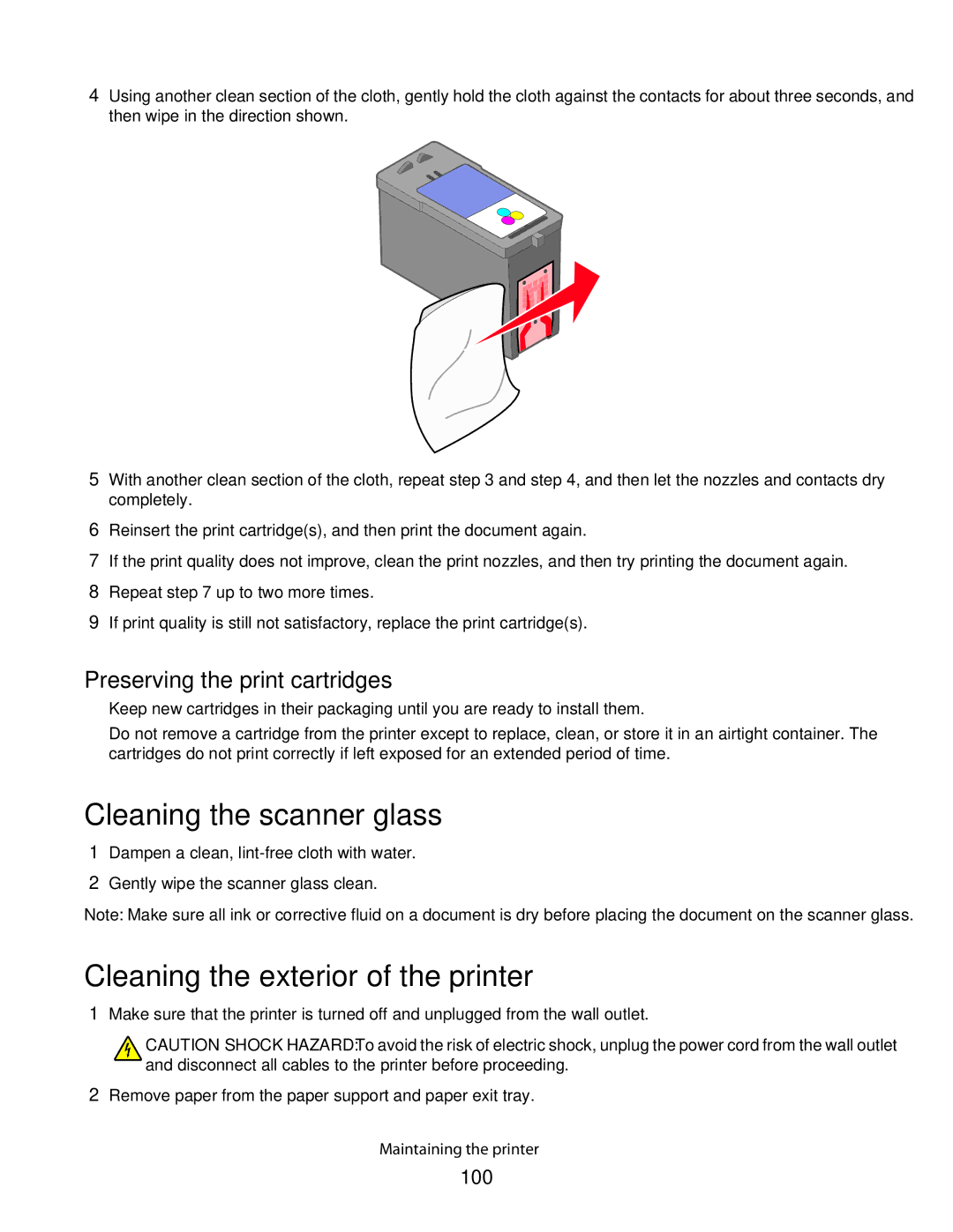 Lexmark 4600, 3600 Cleaning the scanner glass, Cleaning the exterior of the printer, Preserving the print cartridges, 100 