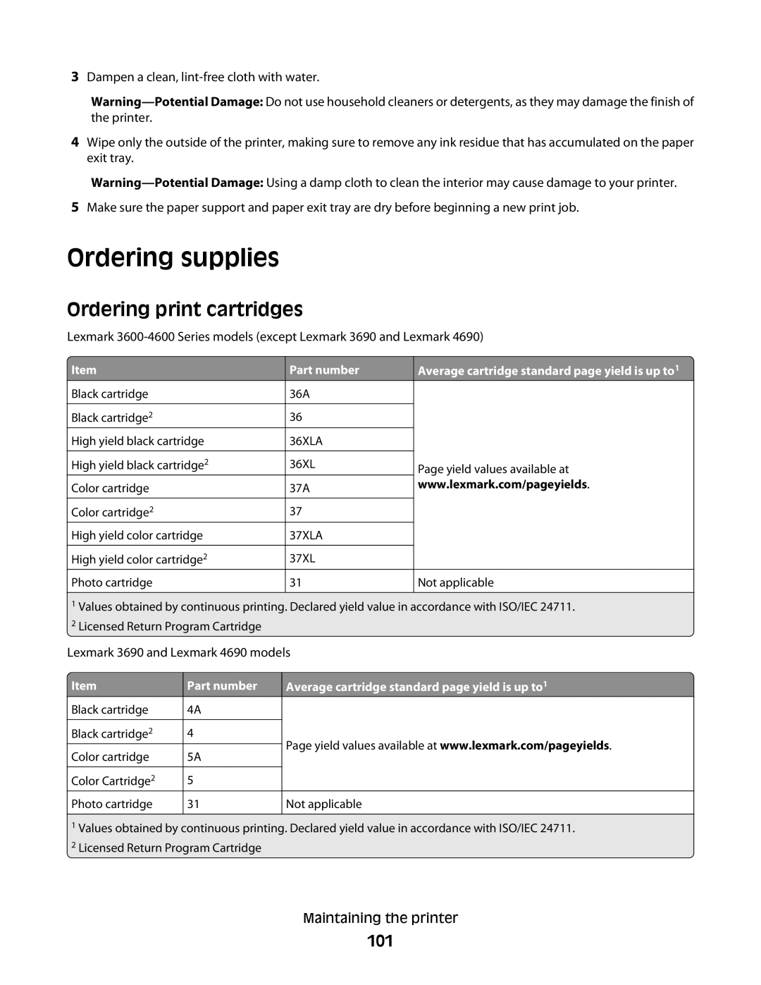 Lexmark 3600, 4600 manual Ordering supplies, Ordering print cartridges, 101 