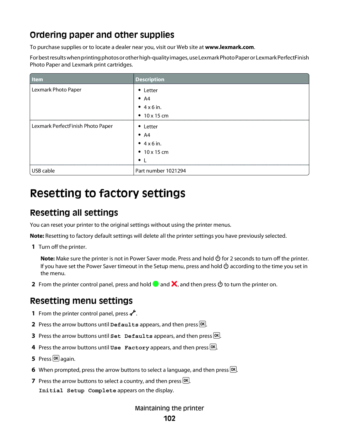 Lexmark 4600, 3600 manual Resetting to factory settings, Ordering paper and other supplies, Resetting all settings, 102 