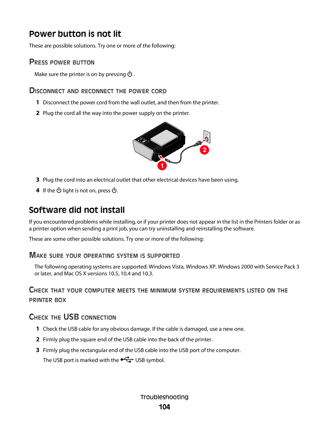 Lexmark 4600, 3600 manual Power button is not lit, Software did not install, 104 