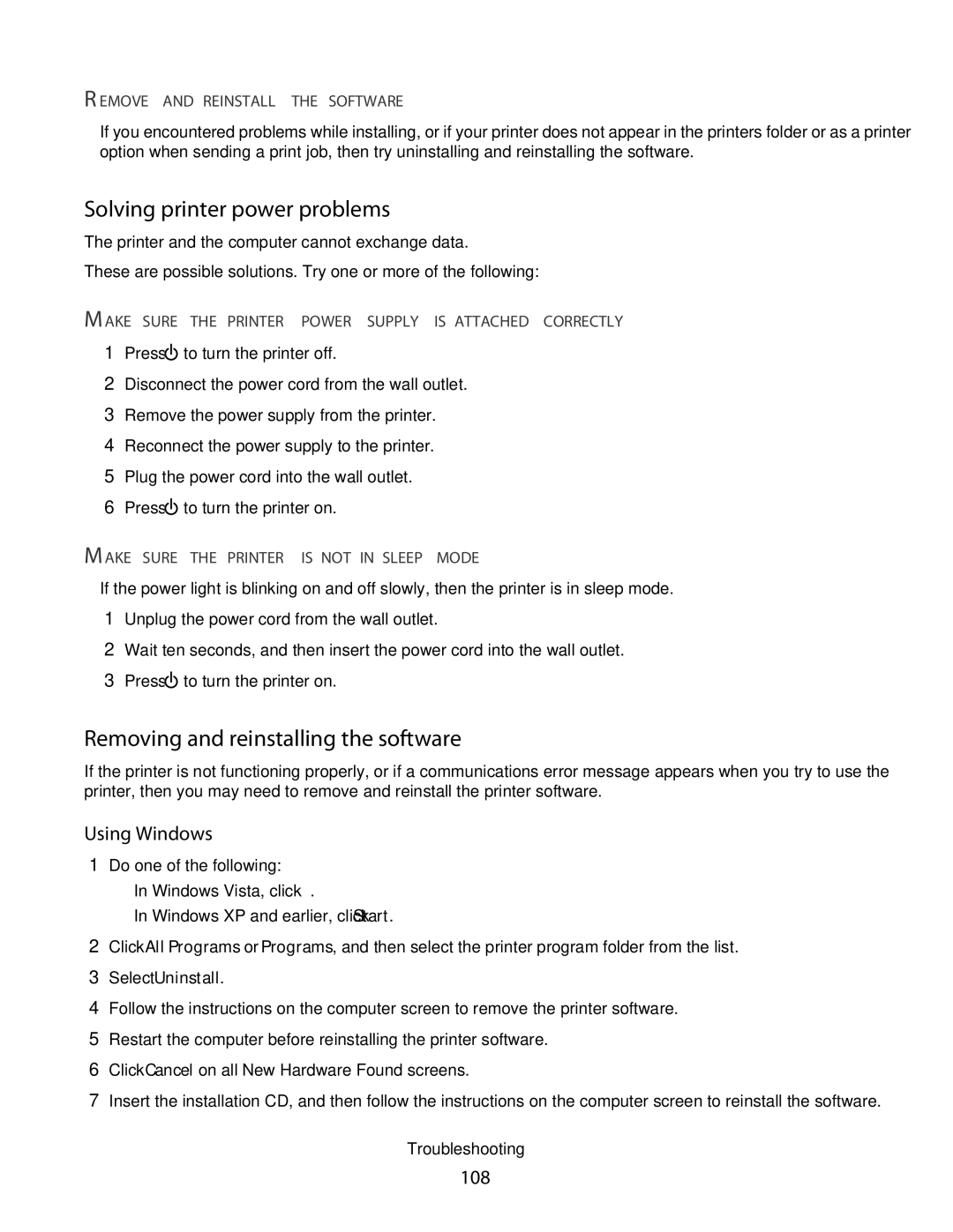 Lexmark 4600, 3600 manual Solving printer power problems, Removing and reinstalling the software, 108 