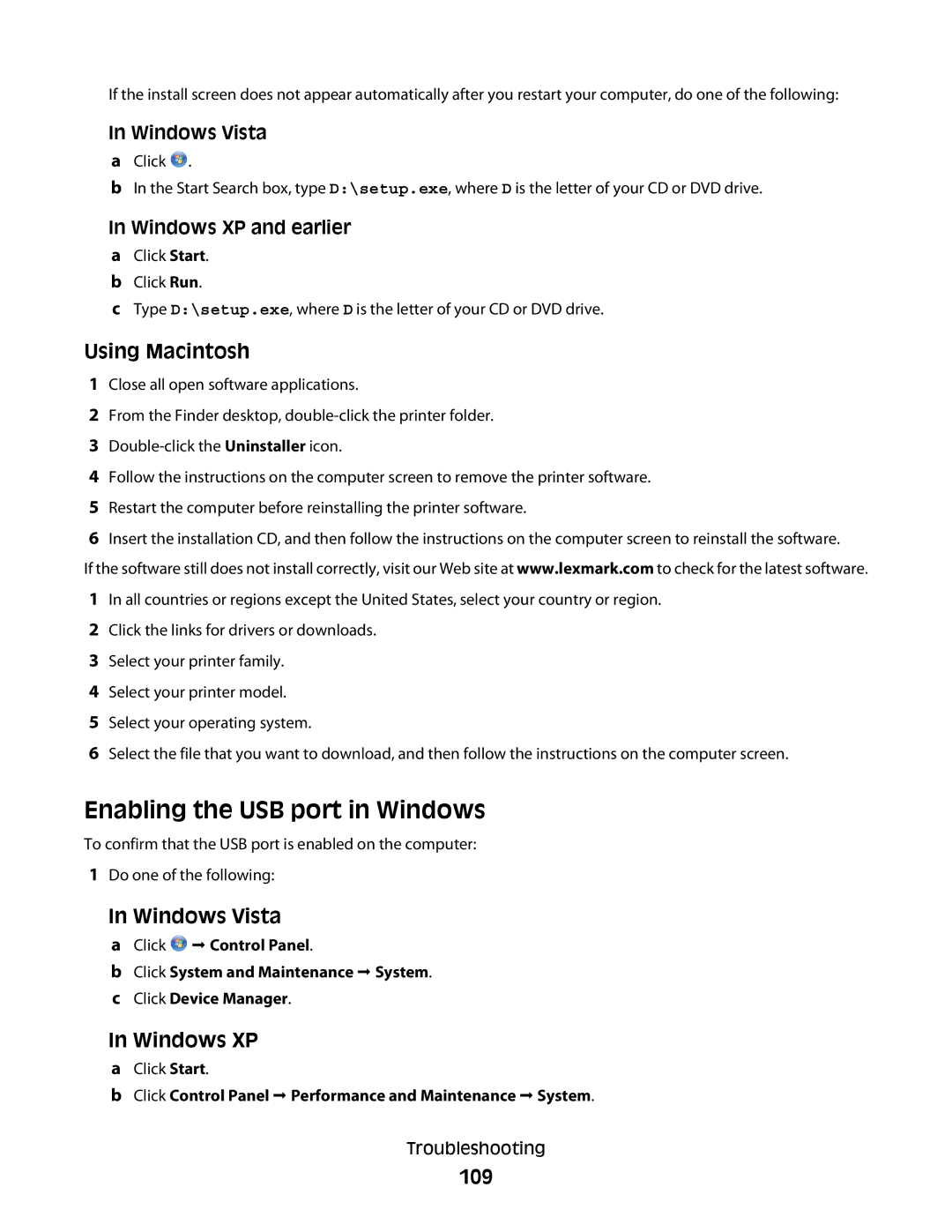 Lexmark 3600 Enabling the USB port in Windows, Windows XP, 109, Click Control Panel  Performance and Maintenance  System 