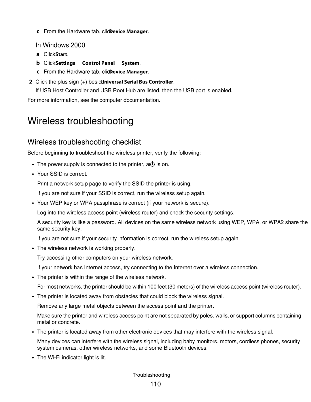 Lexmark 4600, 3600 manual Wireless troubleshooting checklist, Windows, 110, Click Settings  Control Panel  System 