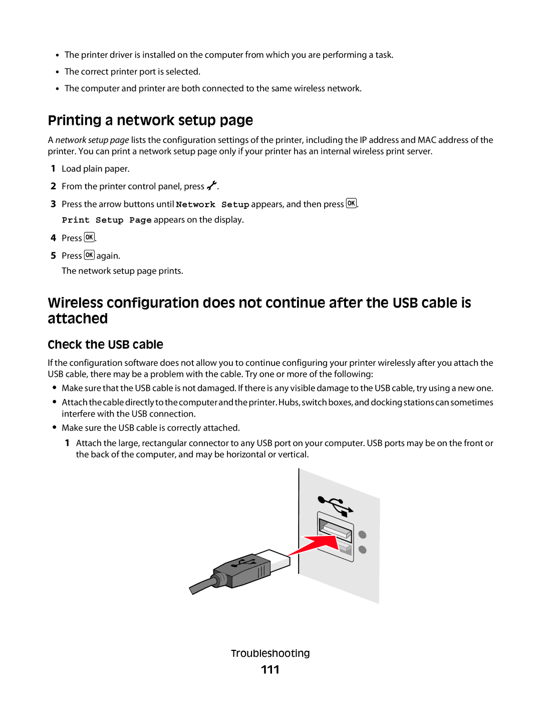 Lexmark 3600, 4600 manual Printing a network setup, Check the USB cable, 111 