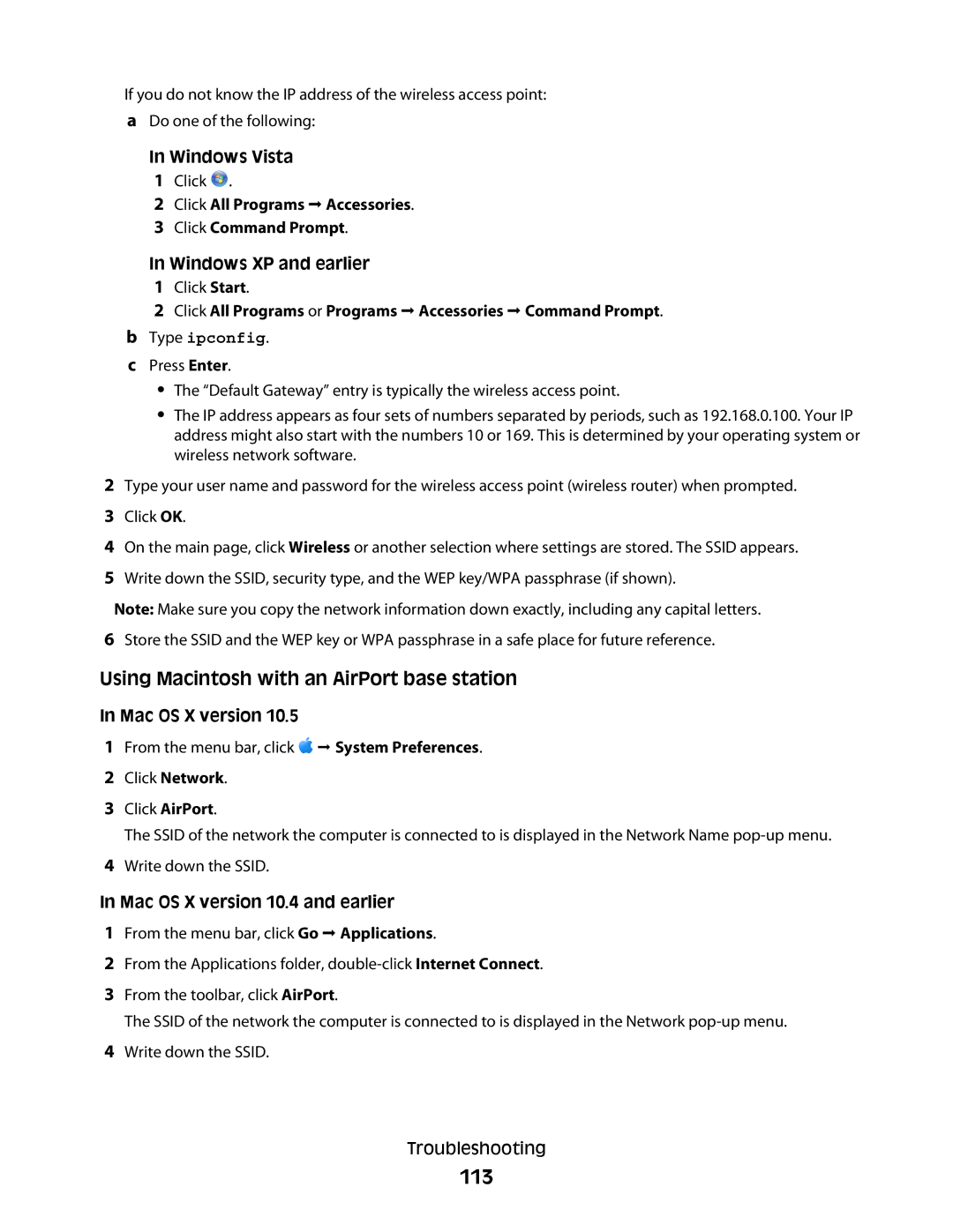 Lexmark 3600, 4600 manual 113, Using Macintosh with an AirPort base station, Windows Vista, Mac OS X version 
