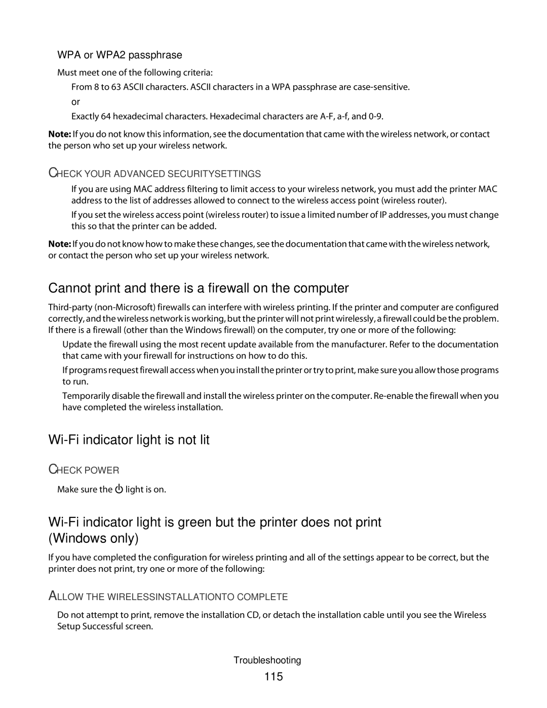 Lexmark 3600, 4600 manual Cannot print and there is a firewall on the computer, Wi-Fi indicator light is not lit, 115 