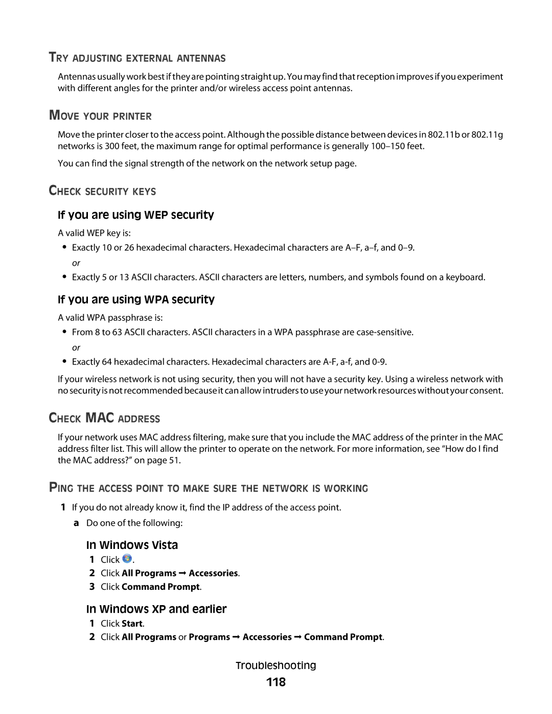 Lexmark 4600, 3600 manual 118, If you are using WEP security, If you are using WPA security 